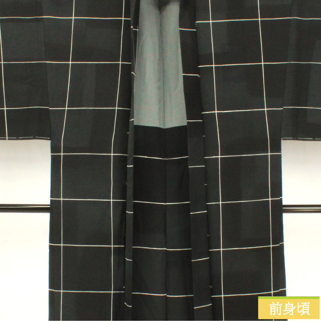 男物 正絹 Sランク 身丈104cm 裄丈75cm 格子 染め しつけ糸付き 黒系 1119001542110