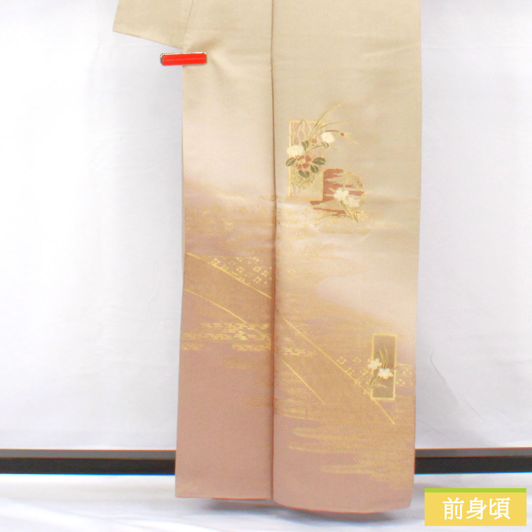 Homongi, pure silk, lined, length 161cm, sleeve length 61cm, white oak color, Kyoto Yuzen, auspicious pattern, A rank, gray, 1112005913422