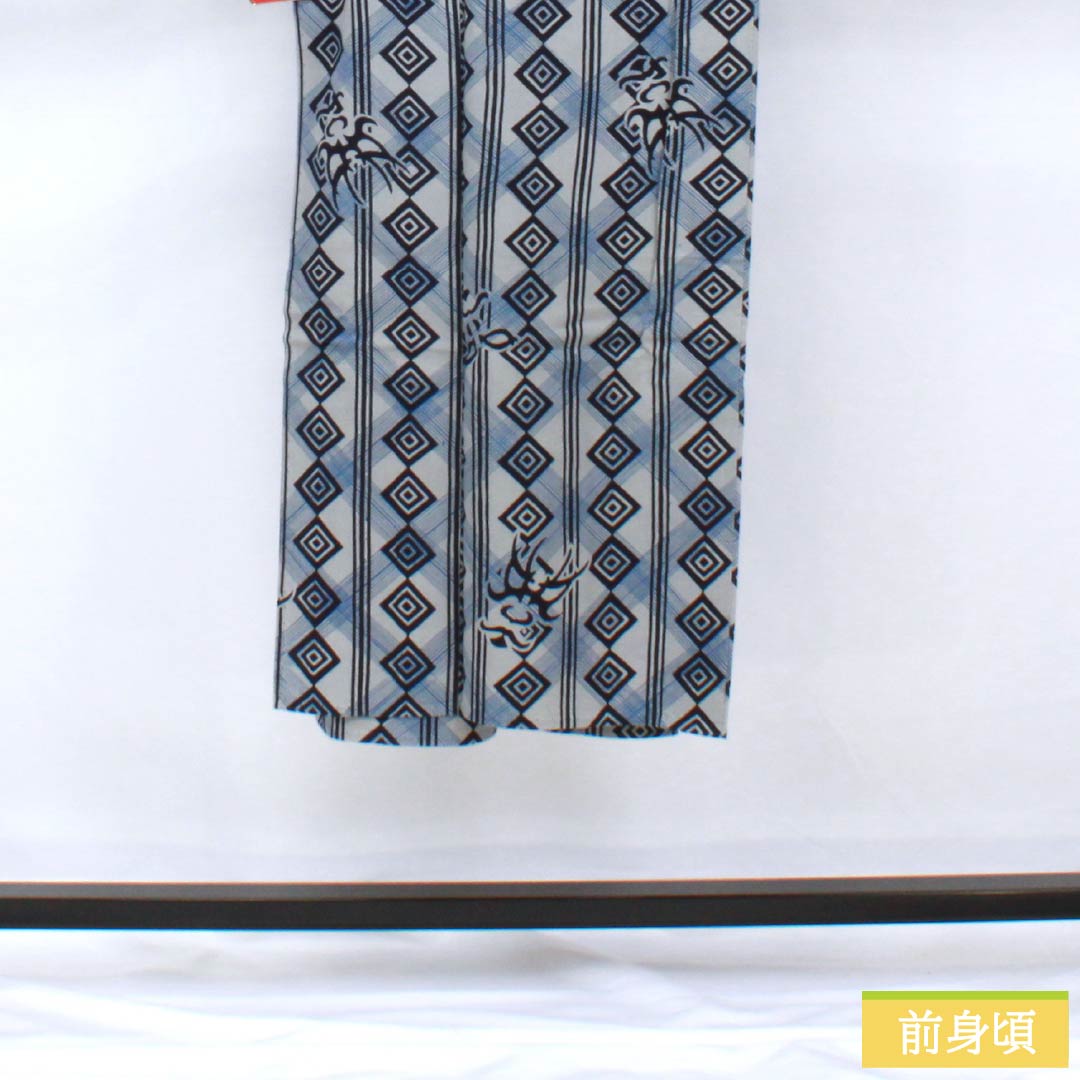 メンズ浴衣 木綿 身丈139cm 裄丈72.5cm Aランク 単衣 グレー系 錫色（すずいろ） 隈取 三升格子 1118005903122
