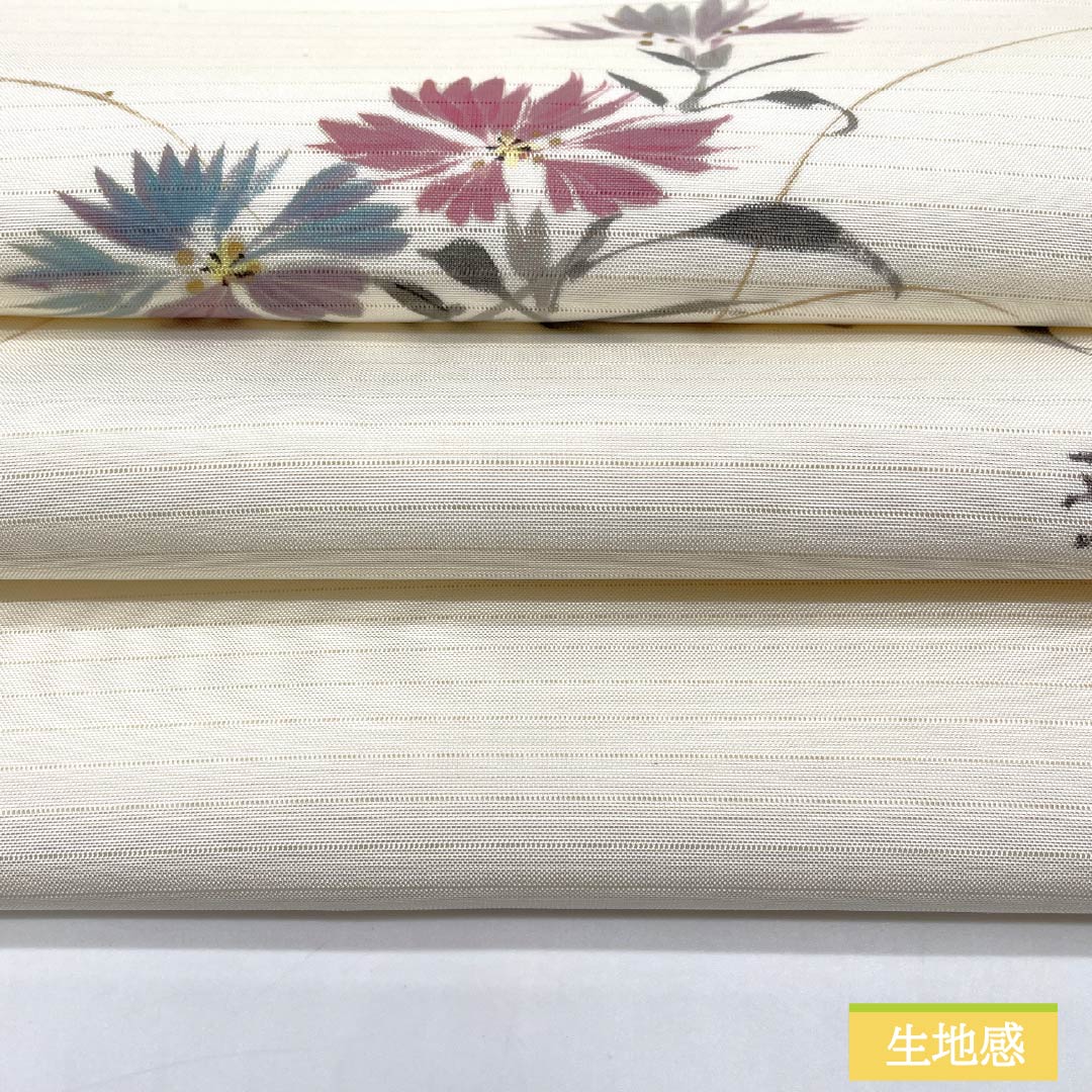 Nagoya Obi, Off-White (Kinari-iro), Summer Obi, Dyed Obi with Floral Pattern, 365cm Long, Pure Silk, Grade B, Pointed Pattern, Casual, Cream-Colored, Item Number: 1124008804315, Nagoya Style