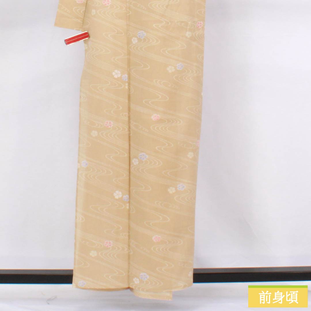 Summer kimono, polyester, small pattern, length 158cm, sleeve length 64cm, mulberry white-brown (kuwairo shirachairo) with flowing water and poppy motifs, washable, gauze, beige, S rank, product number 1132002602325