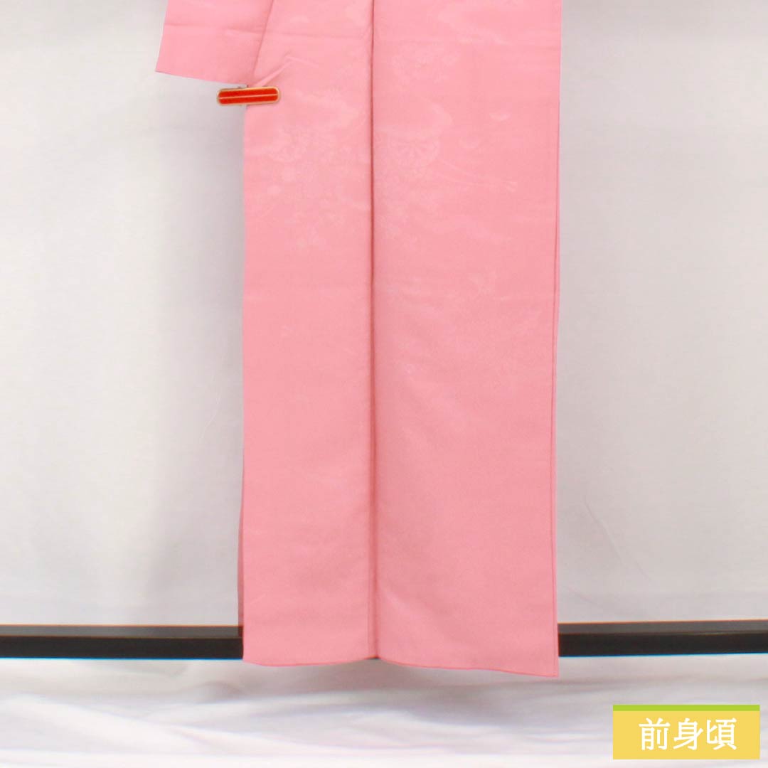 Solid-colored polyester kimono, length 157cm, sleeve length 64cm, single-layer plum-colored (hitoeumeiro) woven with silk brocade and featuring a flower cart, washable, lined, A-rank, pink, product number 1114002133313