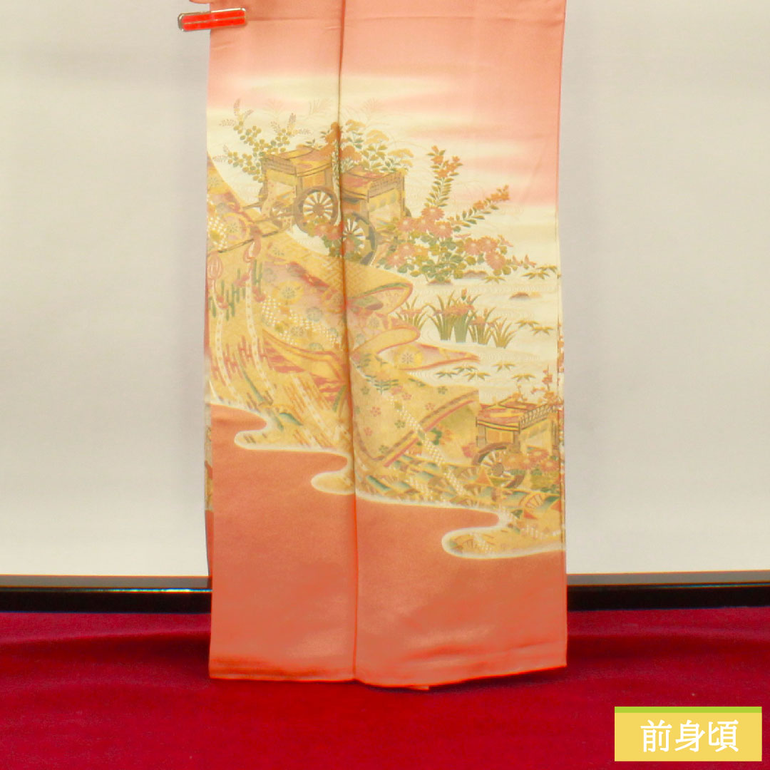 色留袖 正絹 身丈164cm 裄丈67.5cm 袷 洗朱色（あらいしゅいろ） 寿光織 御所車 王宮紫苑圓 一つ紋 揚羽蝶  Sランク 一つ紋 ピンク系 1111001222413