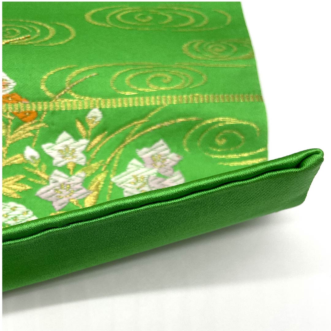 Fukuro Obi (light blue obi) Kanze Ryusui (water flowing stream), bellflower, chrysanthemum, pine, obi length 432cm, pure silk, S rank, six-pass, formal, green, 1123007012319