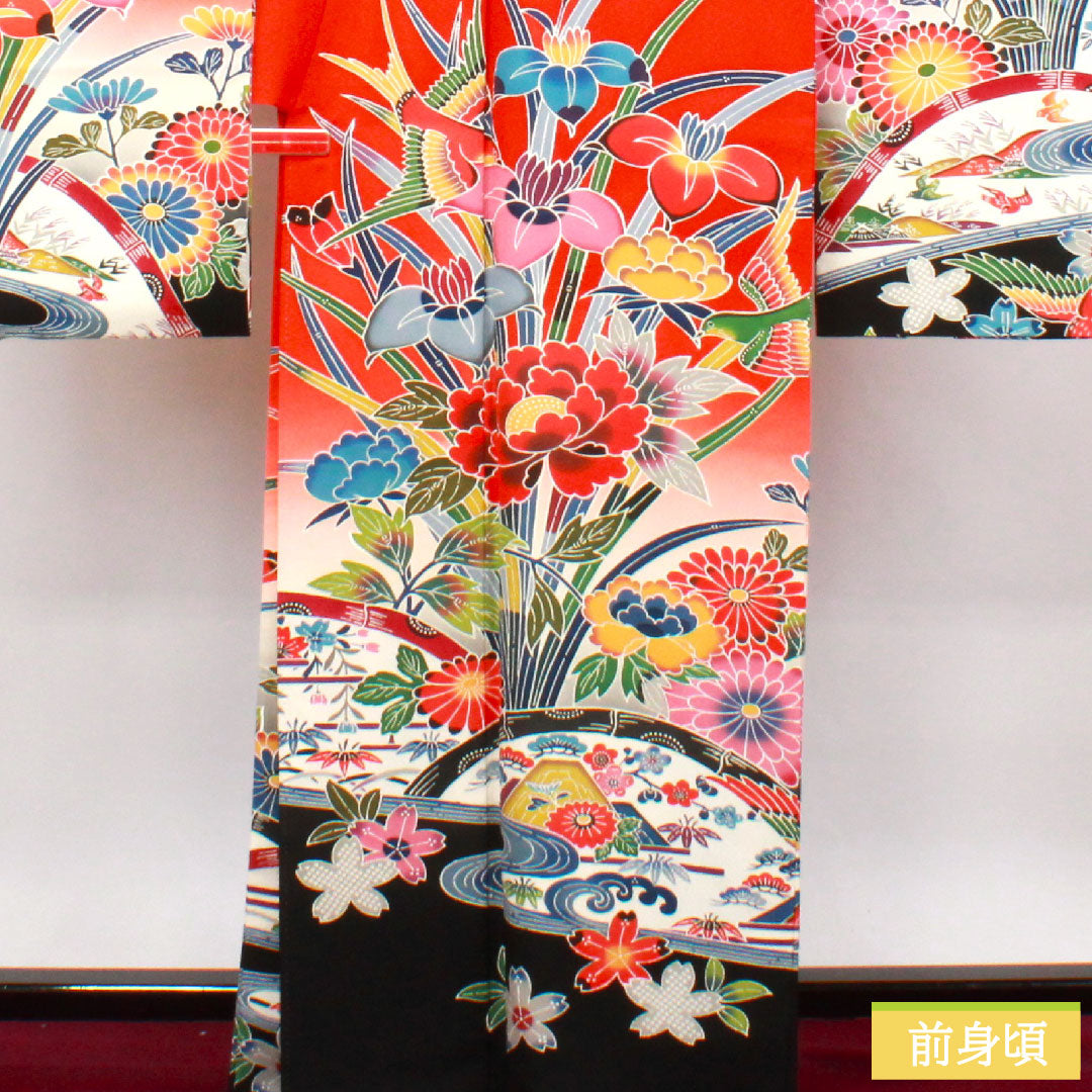 Furisode, pure silk, length 164cm, sleeve length 65.5cm, lined, scarlet, Kyoto Bingata, auspicious motif, S rank, red, 1113001832412