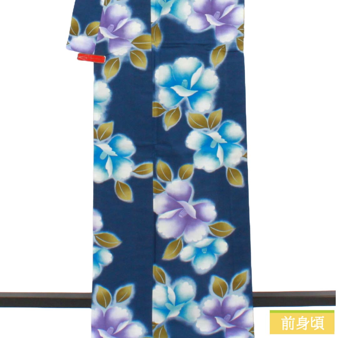 浴衣 木綿 Sランク 身丈167.5cm 裄丈65.5cm 韓藍色（からあいいろ） 椿 型染 単衣 紺系 1118006932518