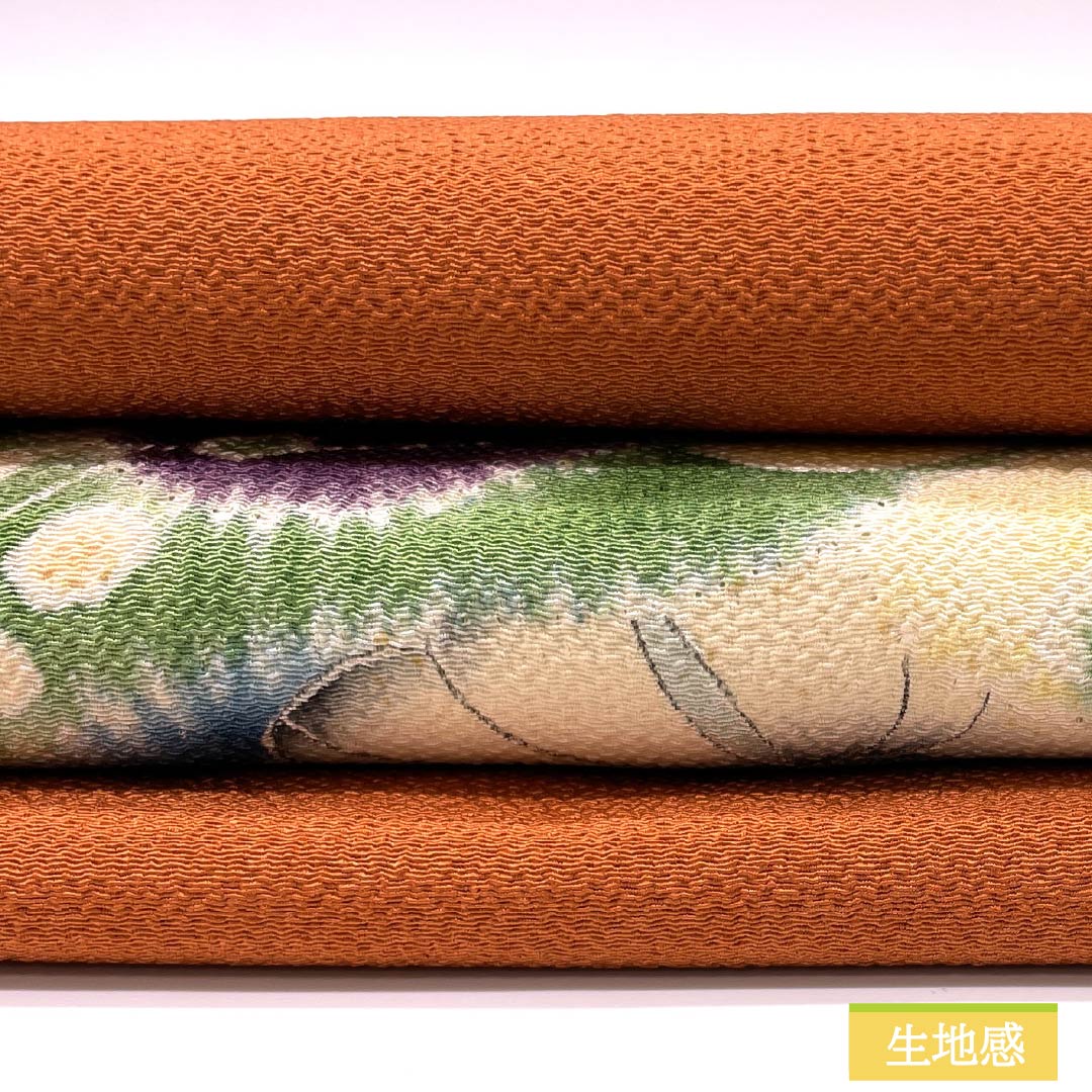 Nagoya obi, ochre, crepe fabric, Tsujigahana, obi length 362cm, pure silk, A rank, point pattern, semi-formal, orange, 1124008043326, Nagoya style