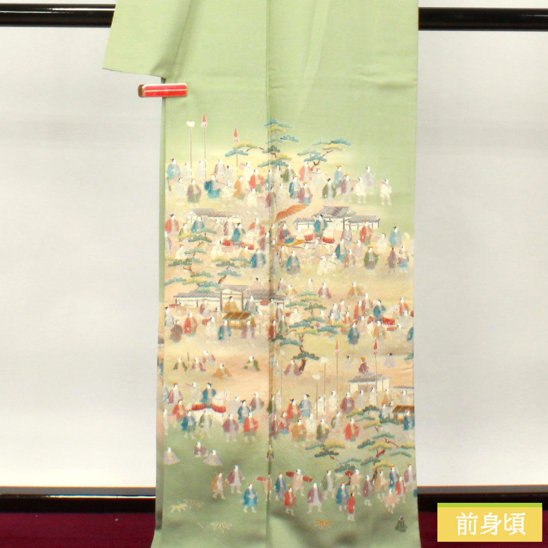 色留袖 正絹 身丈165cm 裄丈64.5cm 袷 裏葉色（うらはいろ） 京友禅 大名行列 梅鉢 一つ紋 しつけ糸付き 未使用品 Sランク 一つ紋 緑系 1111001202519