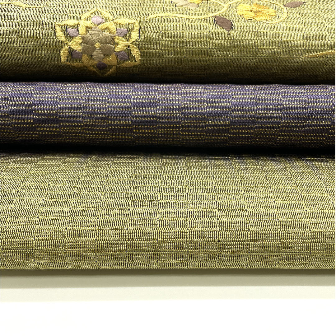 Embroidered Fukuro Obi with Flower and Bird Pattern, Length 440cm, Pure Silk, S Rank, Point Pattern, Semi-Formal, Green, 1123004652319