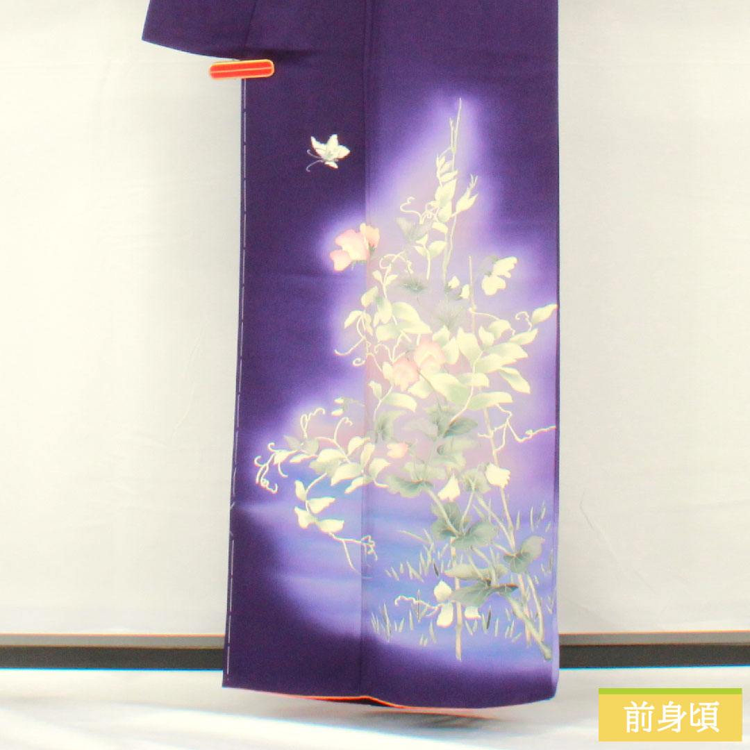 Homongi (formal kimono) made of pure silk, lined, length 160cm, sleeve length 62.5cm, violet, Kyoto Yuzen, floral pattern, A rank, purple, 1112005323420