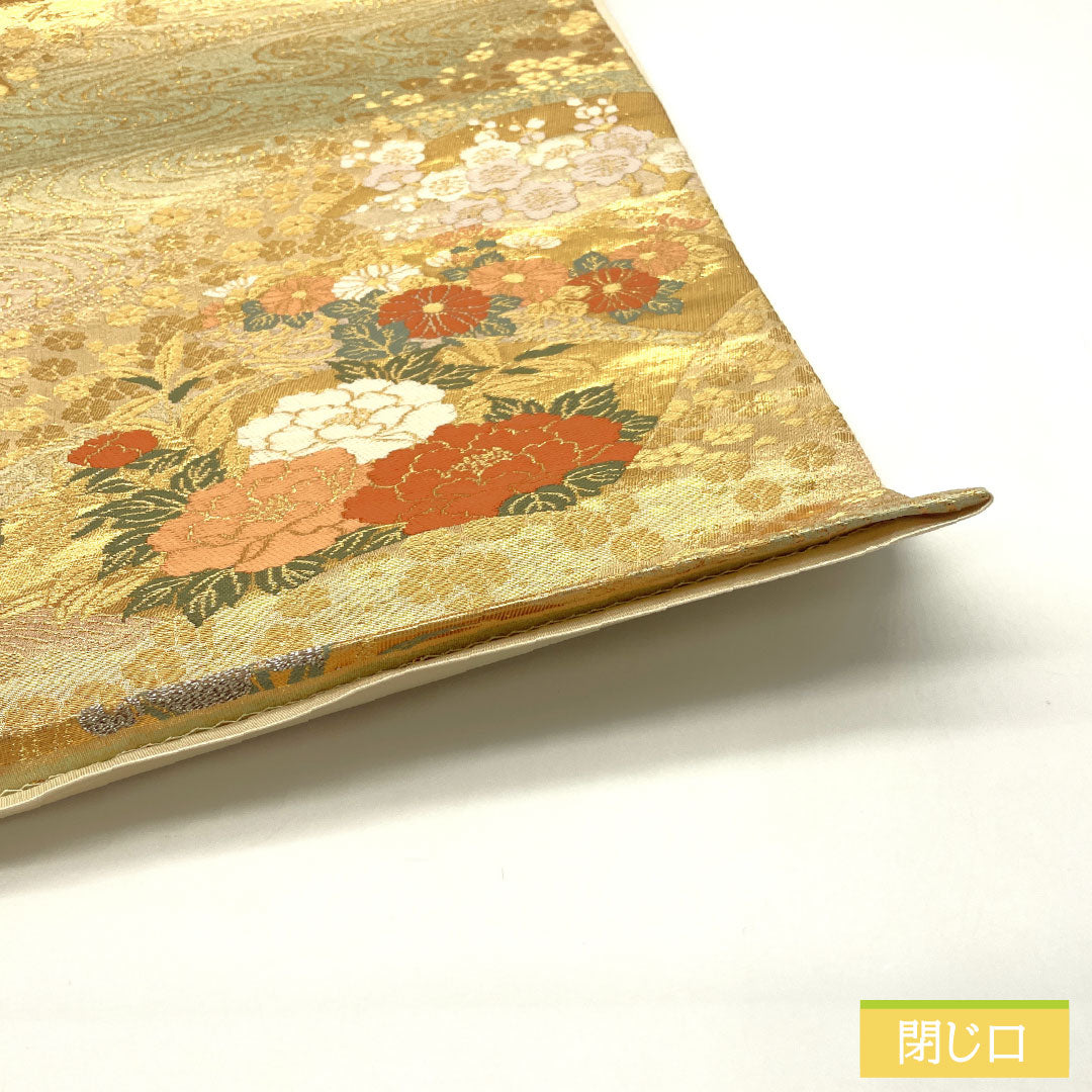 袋帯 正絹 Aランク 西陣織 扇面 花模様 留袖用  帯丈430cm 六通 フォーマル 金系 1123016493321