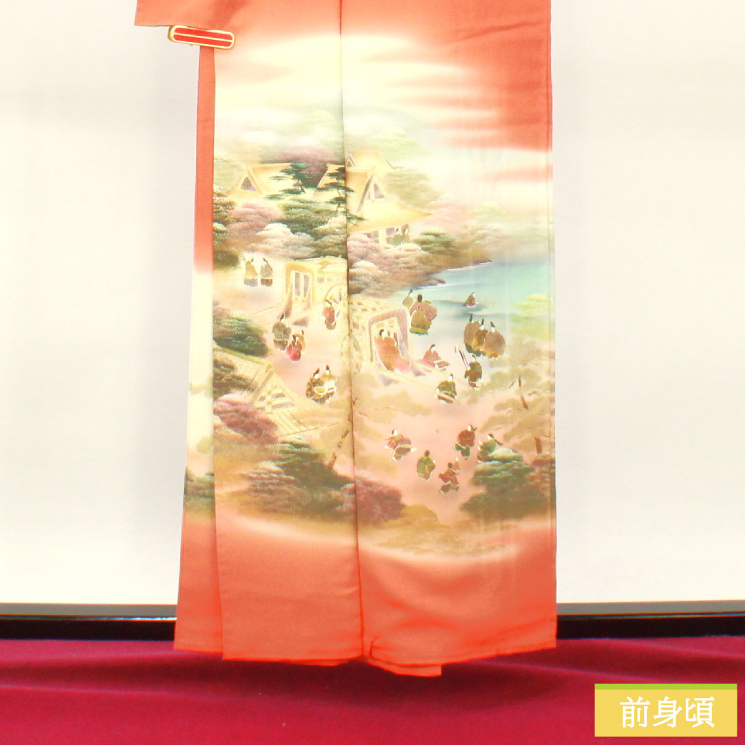 Colored Tomesode, pure silk, length 159.5cm, sleeve length 63cm, lined, red-orange, Kyoto Yuzen, historical figures and landscapes, one crest, sword and katabami, S rank, orange, 1111001422326