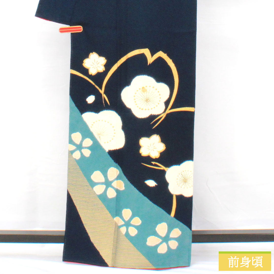 Homongi, pure silk, lined, length 162.5cm, sleeve length 62cm, navy blue, plum, cherry blossom, B rank, navy blue, 1112005634418
