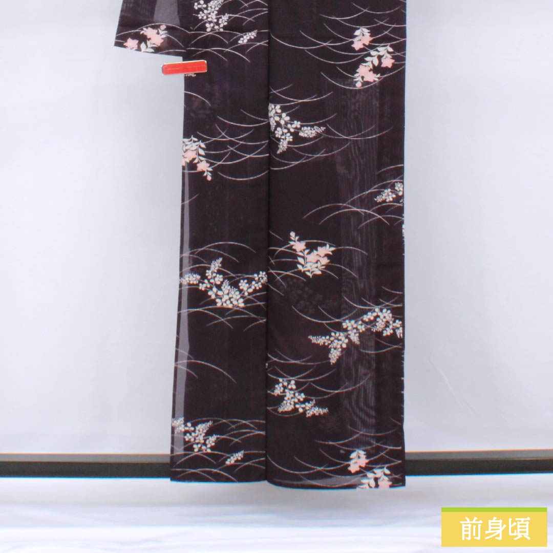 夏物 ポリエステル 小紋 身丈158cm 裄丈63cm 紫烏色（しうしょく） 露芝 草花 洗える着物 絽 Bランク 紫系 1132002044320