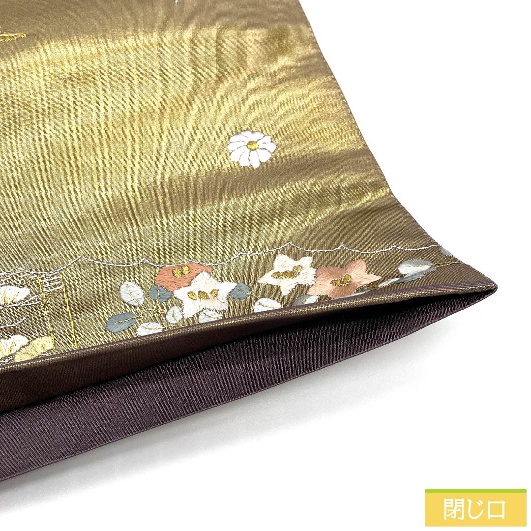 袋帯 正絹 金色 蘇州刺繍 古典柄 花柄 帯丈455cm Sランク 六通 フォーマル 金系 1123010932421
