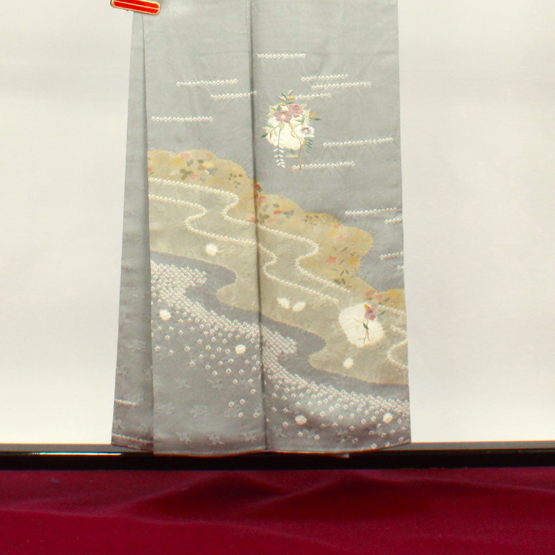 訪問着 正絹 袷 身丈152.5cm 裄丈62.5cm 白銅色 京友禅 絞り 刺繡 Aランク グレー系 1112003033222