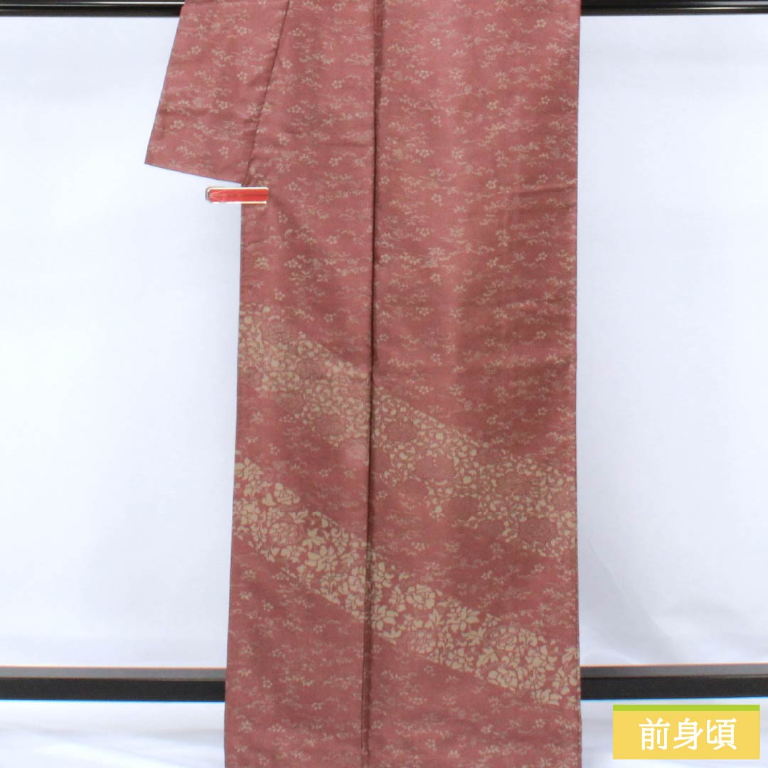 訪問着 正絹 Aランク 袷 身丈164.5cm 裄丈65cm 小豆色（あずきいろ） 紬地 草花 茶系 1112006343414