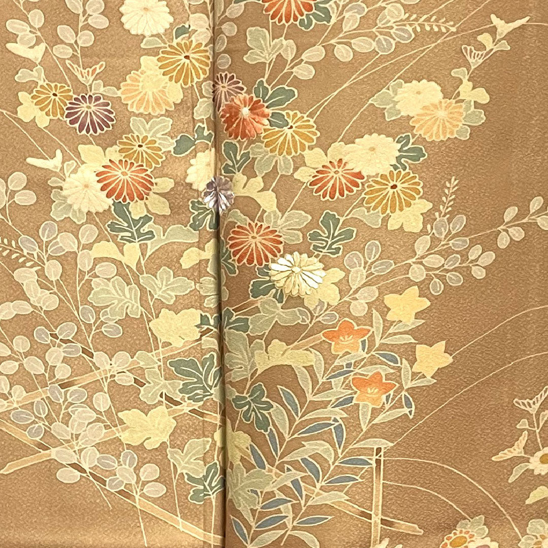 Homongi, lined, length 159cm, sleeve length 64cm, Shiba dyeing, floral pattern, pure silk, S rank, brown, 1112001582314
