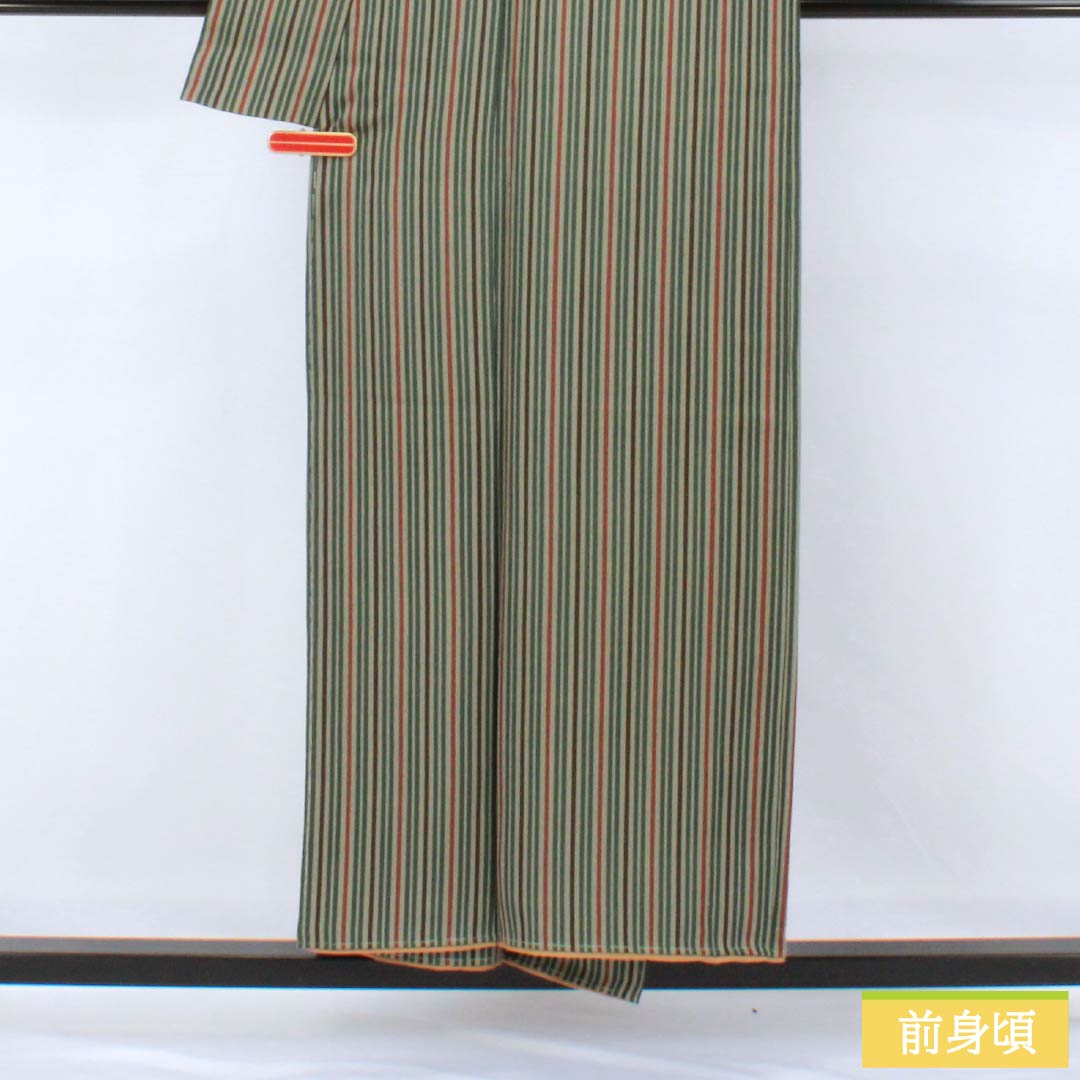 小紋 正絹 Sランク 身丈152cm 裄丈64.5cm 袷 利休鼠色（りきゅうねずみいろ） 縞 しつけ糸付き 緑系 1115007682219