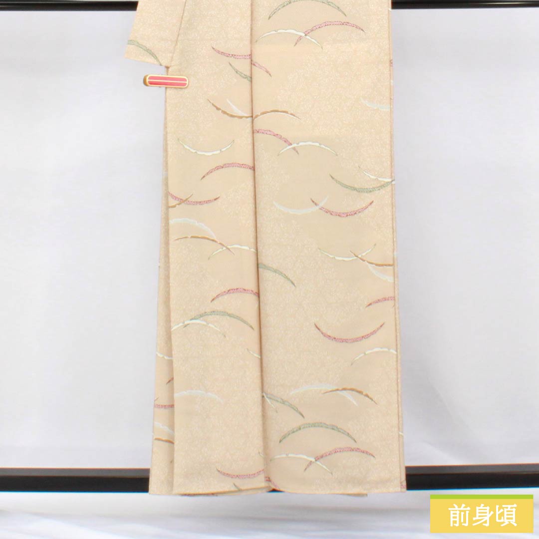 Komon (small pattern) polyester kimono, A rank, length 155.5cm, sleeve length 63cm, lined, walnut color (kurumiiro) with dew-grass pattern, backless, washable, beige, 1115007123325