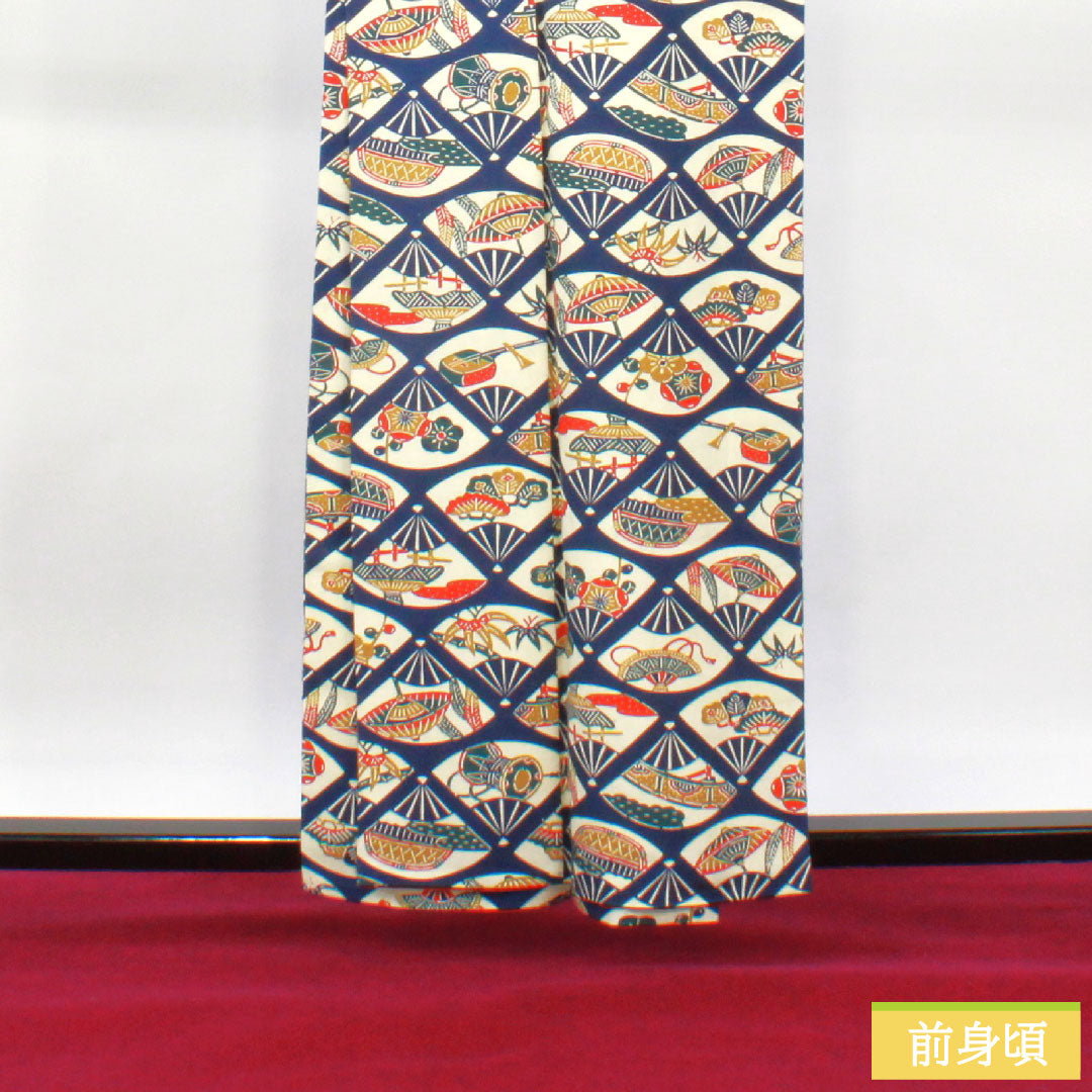 小紋 正絹 身丈157.5cm 裄丈62cm 袷 京紅型 波 Aランク 白系 1115004083311