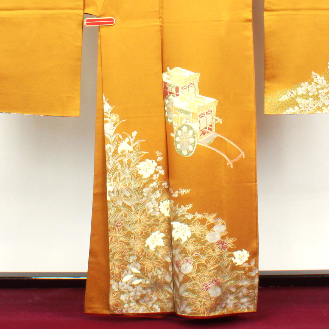 振袖 正絹 Sランク 身丈161cm 裄丈67cm 袷 黄茶色（きちゃいろ） 京友禅 御所車 草花模様   黄系 1113002352423