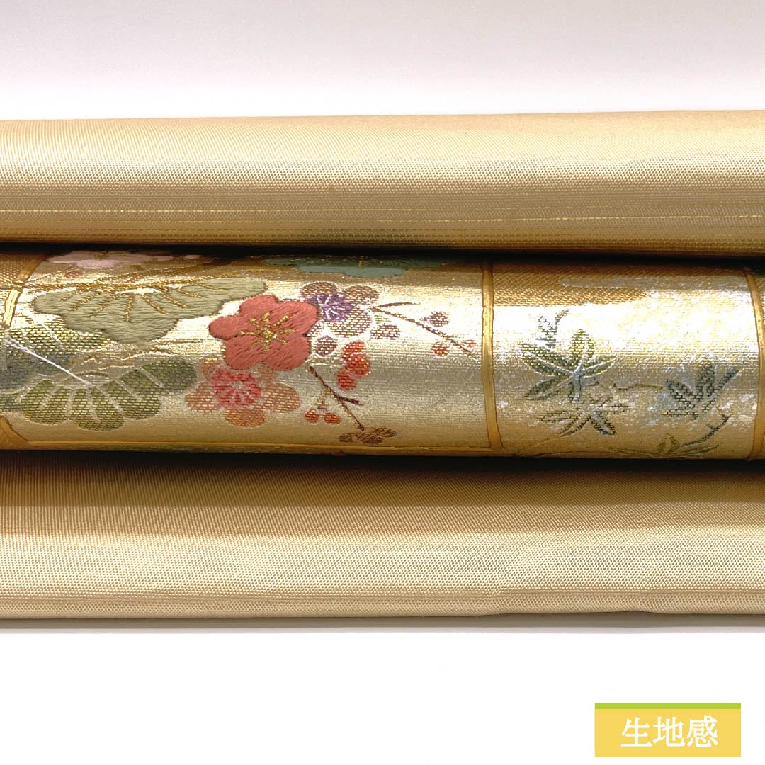 Nagoya Obi Embroidered with Chrysanthemum, Cherry Blossom, and Plum Blossom Designs, 360cm Long, Pure Silk, S-Rank, Pointed Pattern, Gold, Semi-Formal, 1124008532321, Nagoya Style