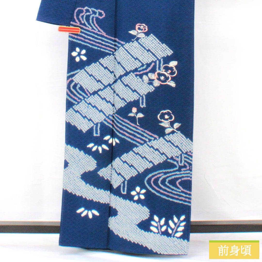 訪問着 正絹 袷 身丈160cm 裄丈66cm 紺瑠璃色（こんるりいろ） 部分絞り 抽象模様 Aランク 紺系 1112005663418