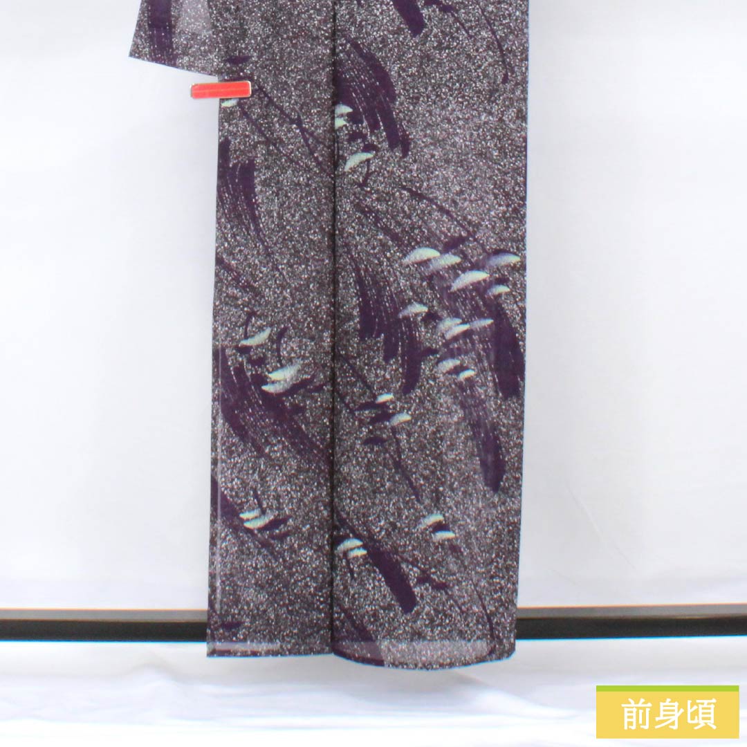 夏物 ポリエステル 小紋 身丈159cm 裄丈62.5cm 紫黒色（しこくしょく） 抽象模様 洗える着物 絽 Sランク 紫系 1132002212320