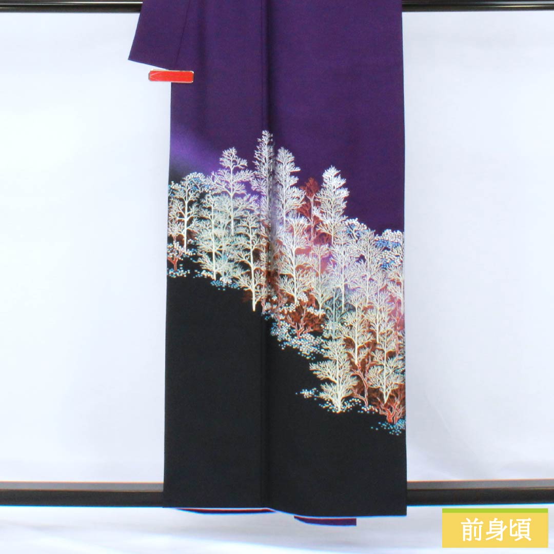 訪問着 ポリエステル Aランク 胴抜き 身丈157.5cm 裄丈65.5cm 菫色（すみれいろ） 金彩加工 風景模様 紫系 1112006393320