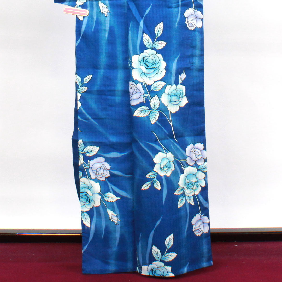 浴衣 しつけ糸付き 未使用品 瑠璃色 薔薇 木綿 Sランク 単衣 身丈164.5cm 裄丈65.5cm 青系 1118002932417