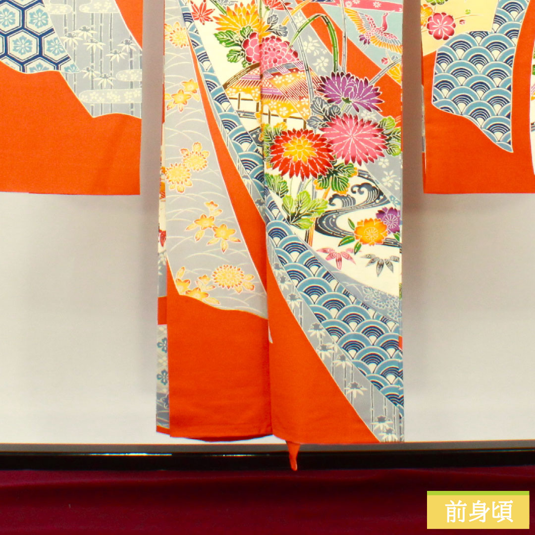 振袖 正絹 身丈151cm 裄丈62cm 袷  黄丹色 京紅型 吉祥文様  Aランク 橙系 1113001913226