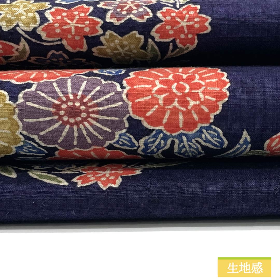 Nagoya Obi, Pure Silk, S-Rank, Gold-Blue, Stencil-Dyed, Flower and Circle Pattern, Autumn Leaves, Length 378cm, Full Length, Casual, Navy Blue, Item Number 1124009732318, Nagoya Style