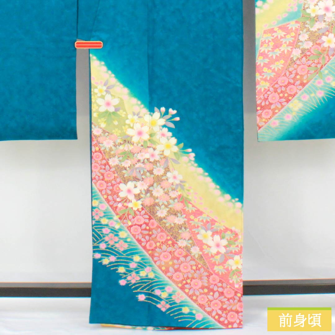 振袖 正絹 Sランク 身丈164cm 裄丈68.5cm 袷 孔雀青色（くじゃくあおいろ） 京友禅 金彩 桜   青系 1113002702417