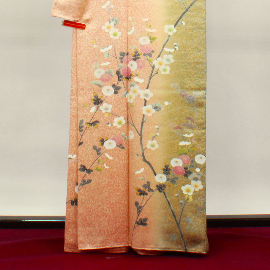 訪問着 正絹 袷 身丈163.5cm 裄丈64cm 朱華色 タタキ染 梅 菊 作家物 Sランク 朱系 1112003252416