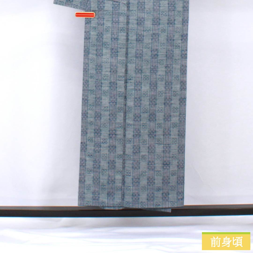 Tsumugi silk kimono, length 153cm, sleeve length 62cm, light dull color (usunibiiro), flower weave, A rank, lined, blue, 1116003893217