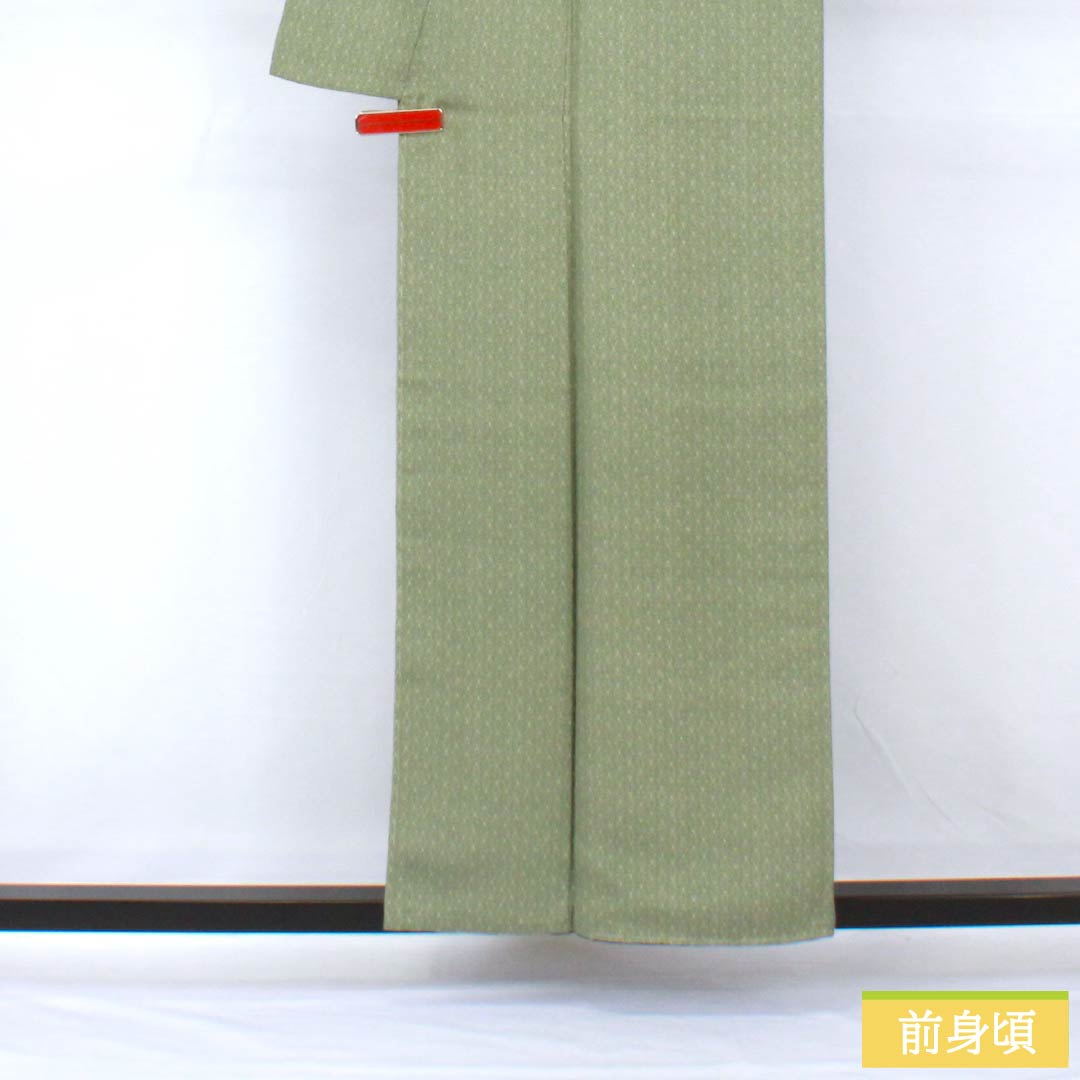 小紋 正絹 身丈157cm 裄丈62cm 袷 岩井茶色（いわいちゃいろ） 型染 江戸小紋 麻の葉模様 しつけ糸付き Aランク 緑系 1115005323319
