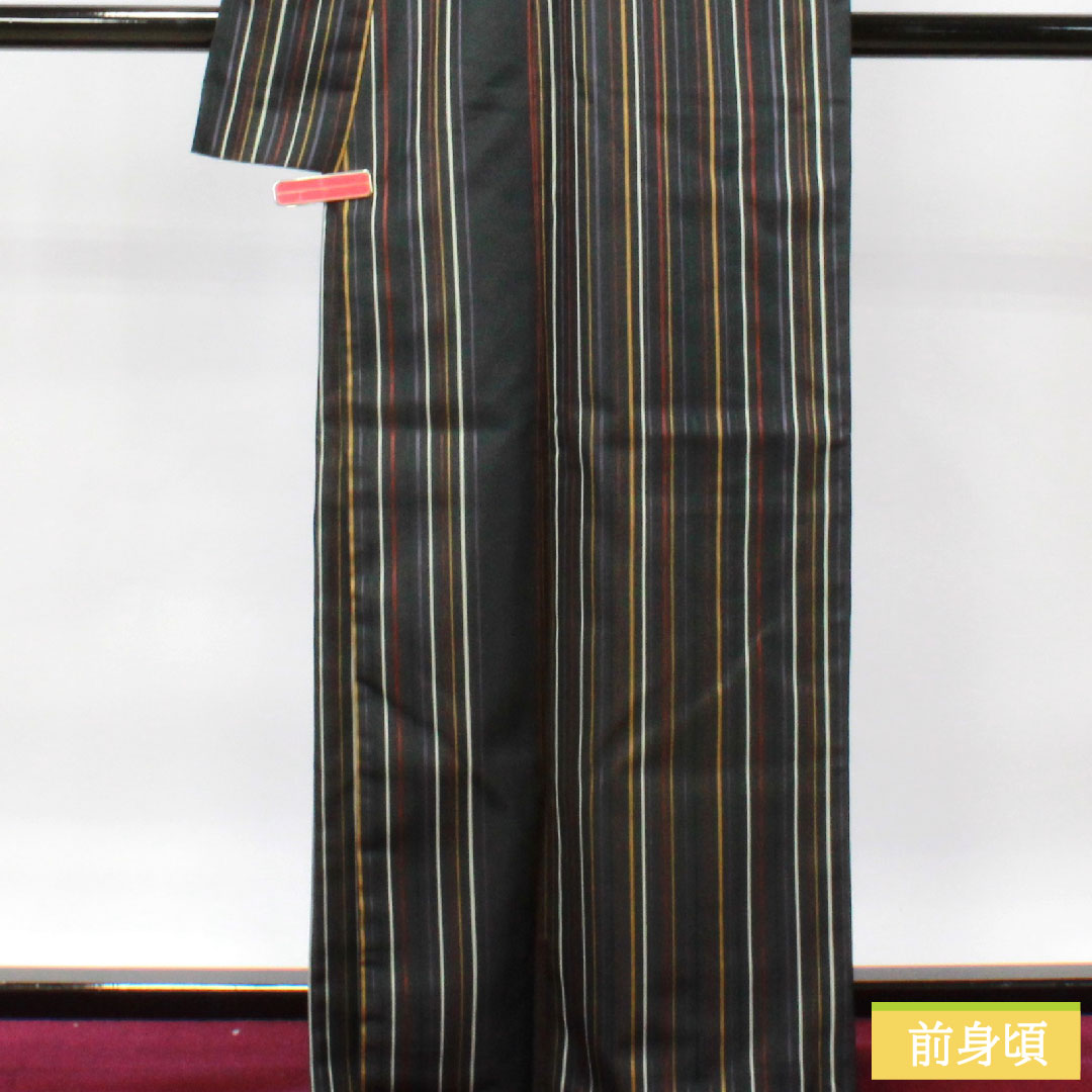 小紋 ポリエステル 身丈164.5cm 裄丈65cm 袷  洗える着物 縞模様  Sランク 黒系 1115003952410