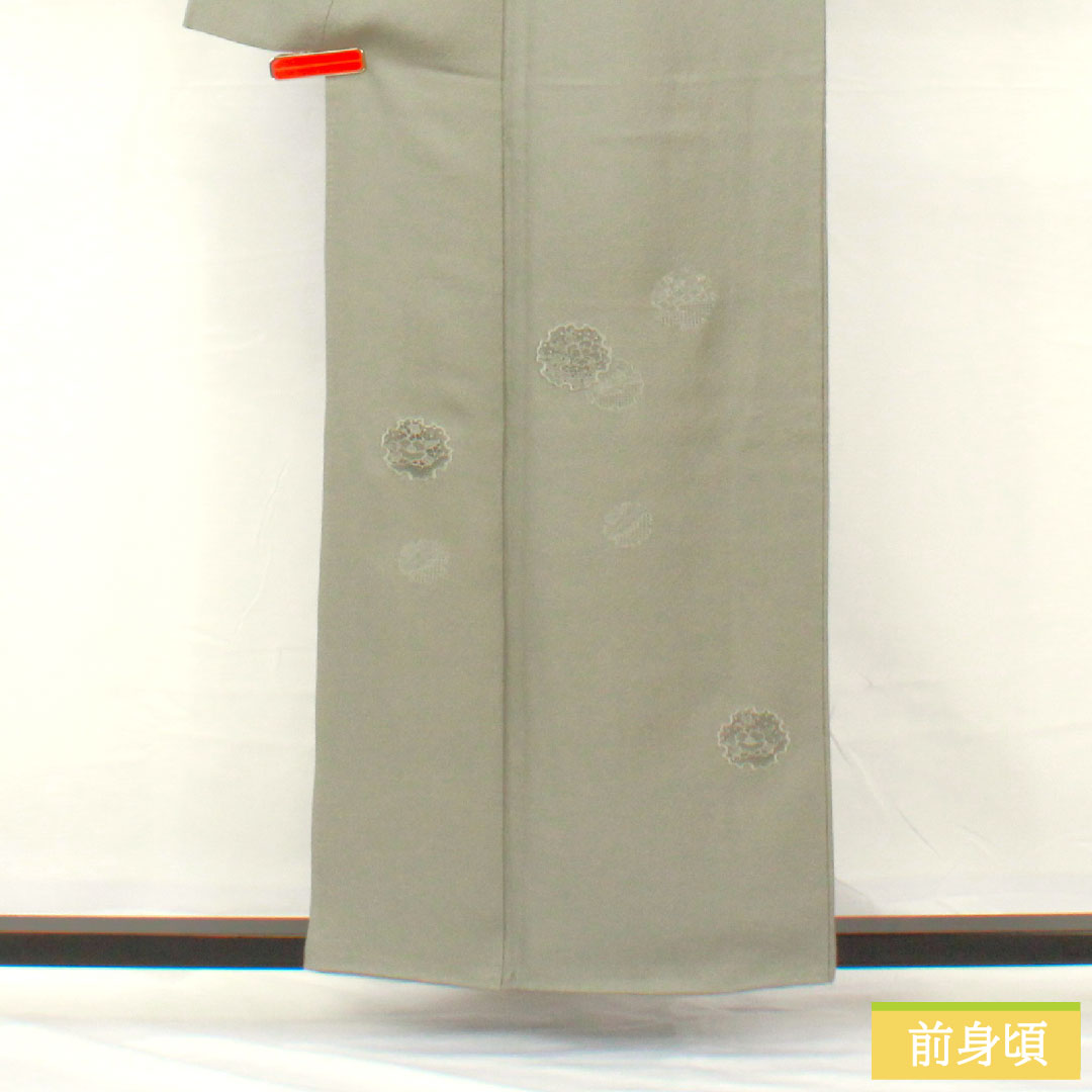 訪問着 正絹 袷 身丈156cm 裄丈62.5cm 灰色（はいいろ） 汕頭刺繡 一つ紋 片喰 雪輪 椿 Sランク グレー系 1112005022322