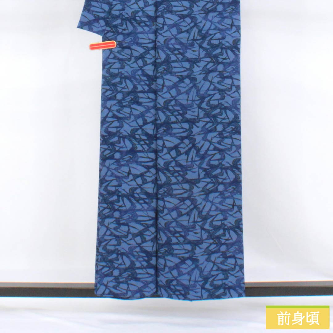 小紋 ポリエステル Sランク 身丈155.5cm 裄丈65cm 単衣 紺藤色（こんふじいろ） 型染 鳥 うそつき襦袢 洗える着物 青系 1115007962317
