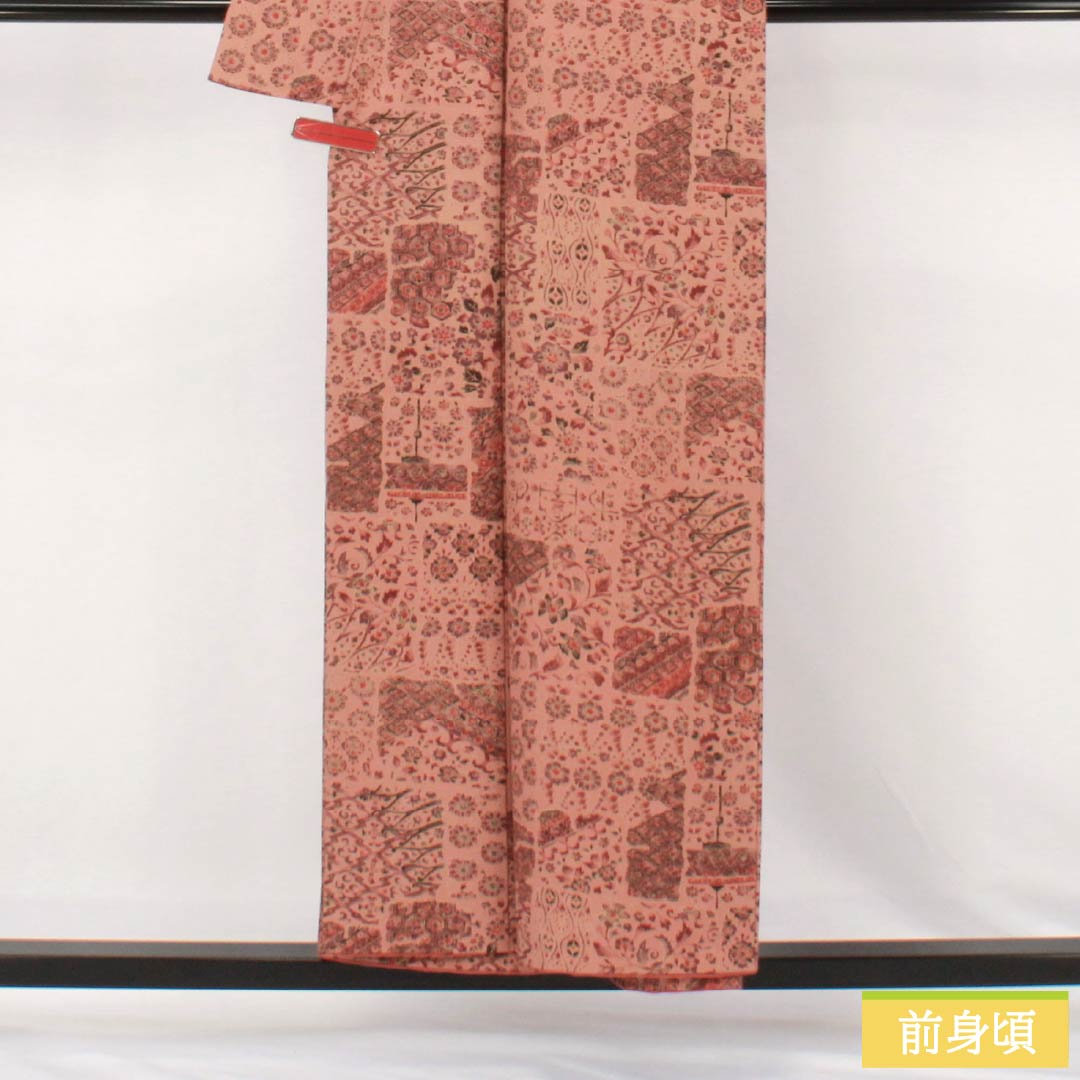 小紋 正絹 Sランク 身丈153.5cm 裄丈63.5cm 袷 緋褪色（ひさめいろ） 更紗 朱系 1115007532216