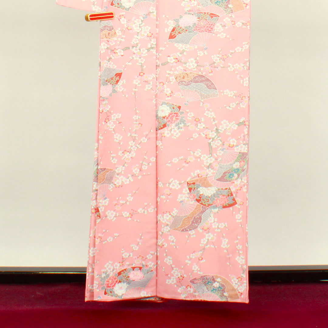 小紋 身丈161cm 裄丈64.5cm 袷  一重梅色 洗える着物 しつけ糸付き 未使用品 扇 梅  ポリエステル Sランク ピンク系 1115003312413