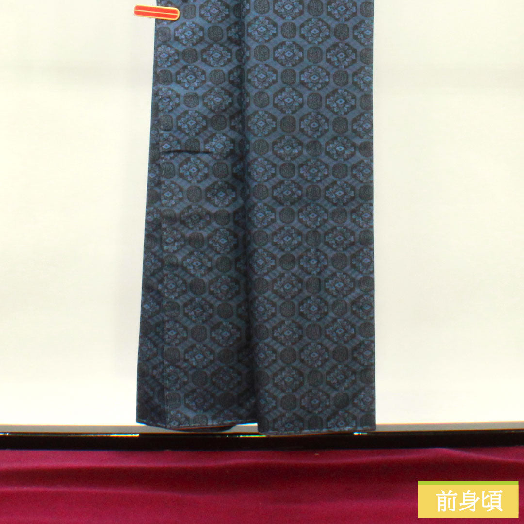 村山大島 正絹 身丈153cm 裄丈63cm  抽象模様 しつけ糸付き 未使用品 Sランク 袷 紺系 1116003162218