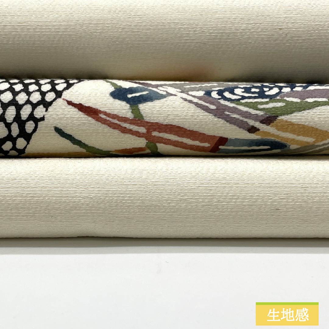 Nagoya obi, milky white color, Kyoto Bingata, landscape pattern, bird, obi length 360cm, pure silk, S rank, point pattern, casual, cream color, 1124007242315, Nagoya style
