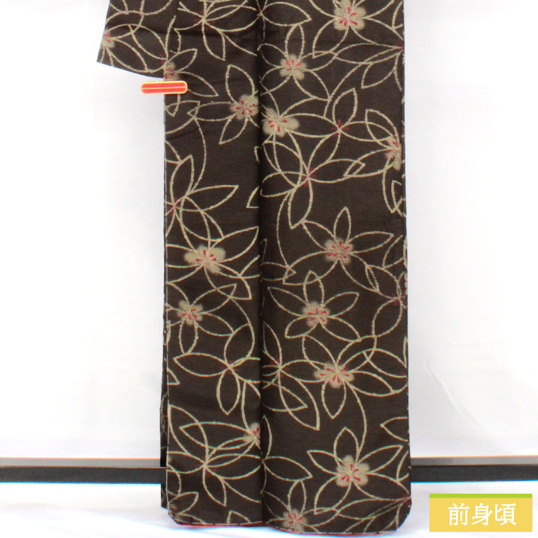 Small pattern, polyester, length 163.5cm, sleeve length 66cm, lined, black oak color, washable kimono, abstract flower, basting thread included, unused, S rank, black, 1115004932410
