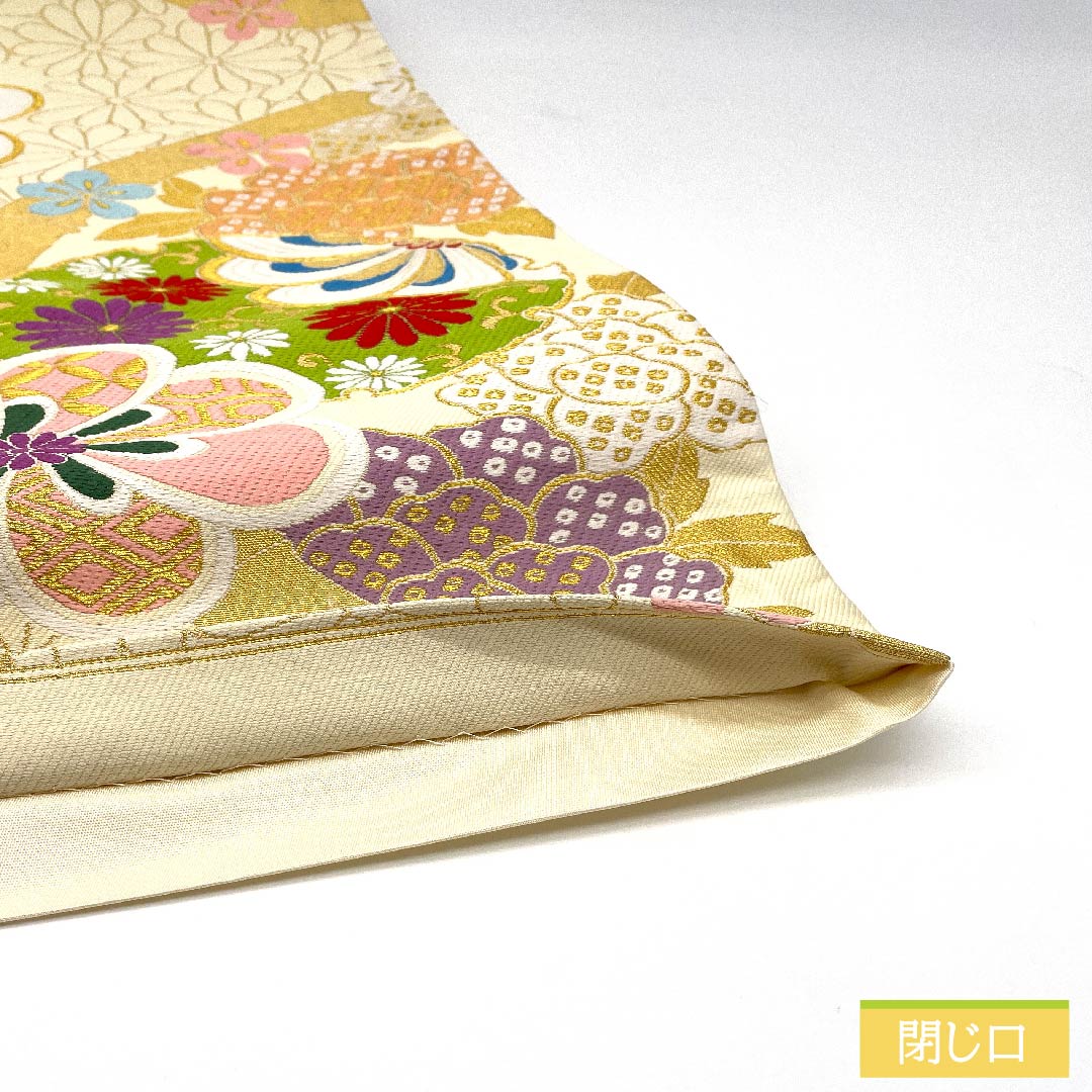 袋帯 正絹 生成り色（きなりいろ） 梅 菊 七宝 花唐草 帯丈434cm Sランク 六通 フォーマル クリーム系 1123011712315