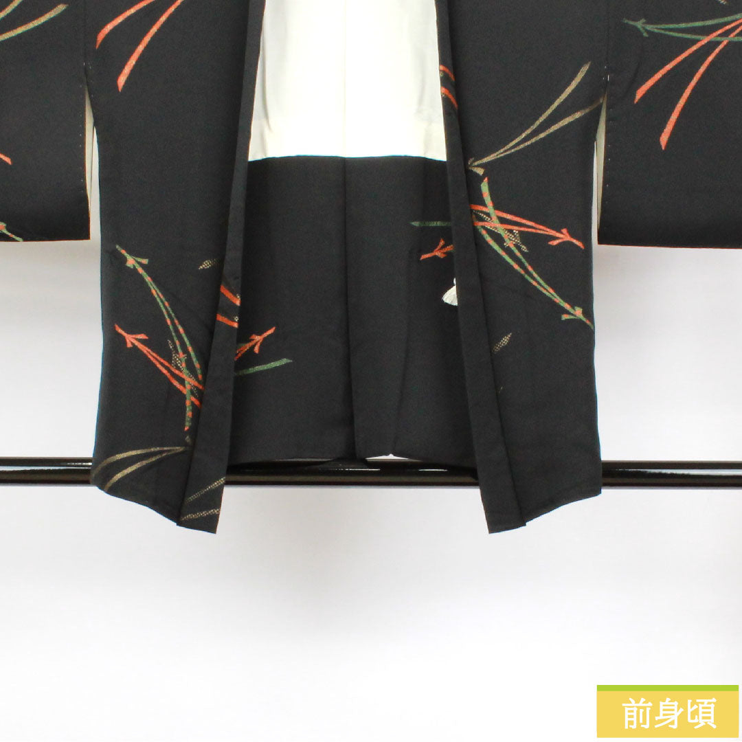 Haori, pure silk, length 78cm, sleeve length 63.5cm, black haori, pine needles, one crest, bellflower and three scales, S rank, lined, black, 1117000822910
