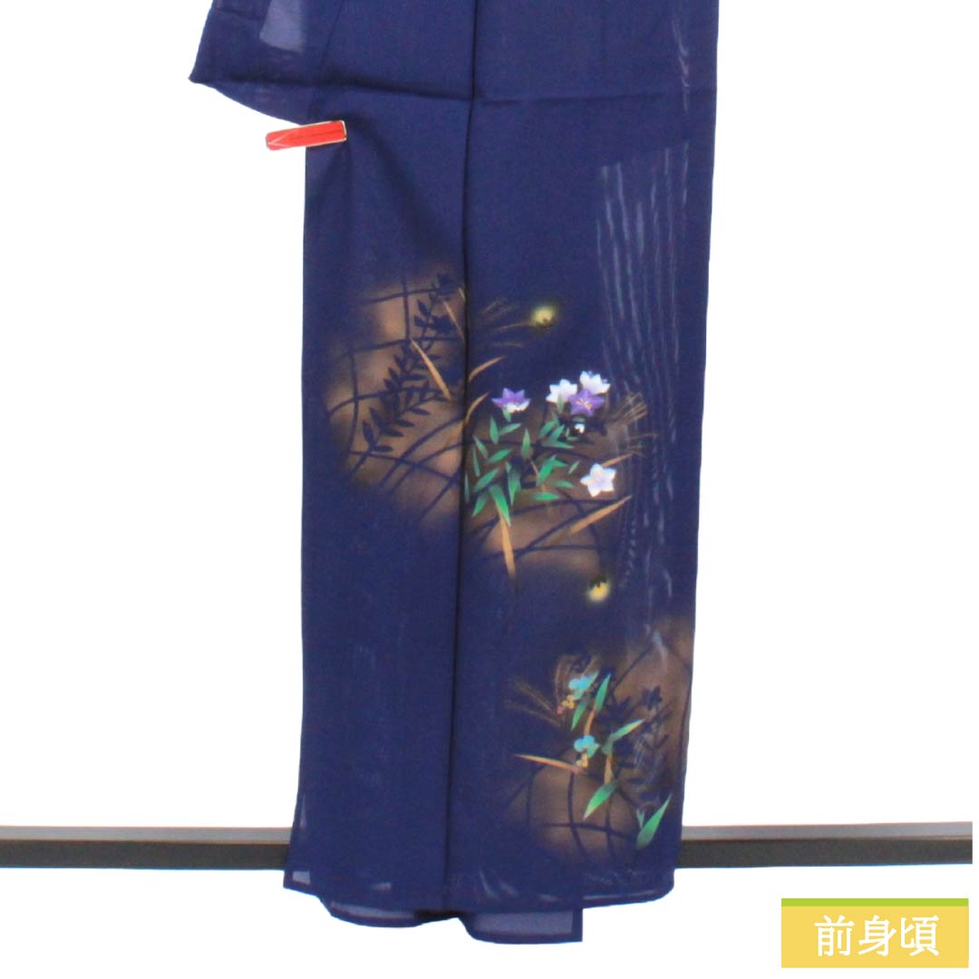 夏物 正絹 訪問着 Aランク 身丈158.5cm 裄丈62.5cm 濃桔梗色（こいききょういろ） 付下げ 秋草模様 蛍 絽 紺系 1132004703318