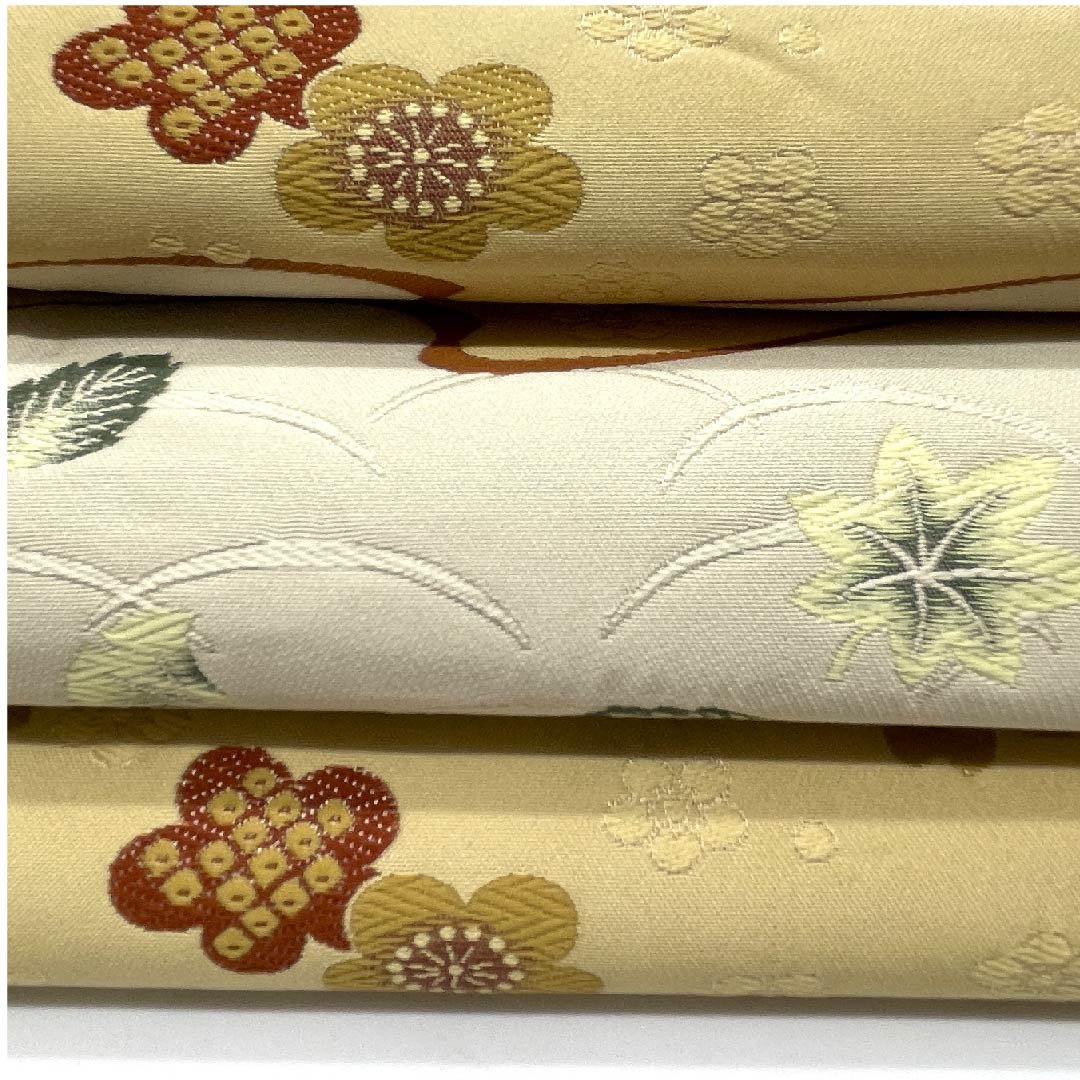 名古屋帯 京袋帯 生成り色 横段 芝草 桜 梅 紅葉 帯丈378cm ポリ Aランク 六通 セミフォーマル クリーム系 1124003483315  開き仕立て