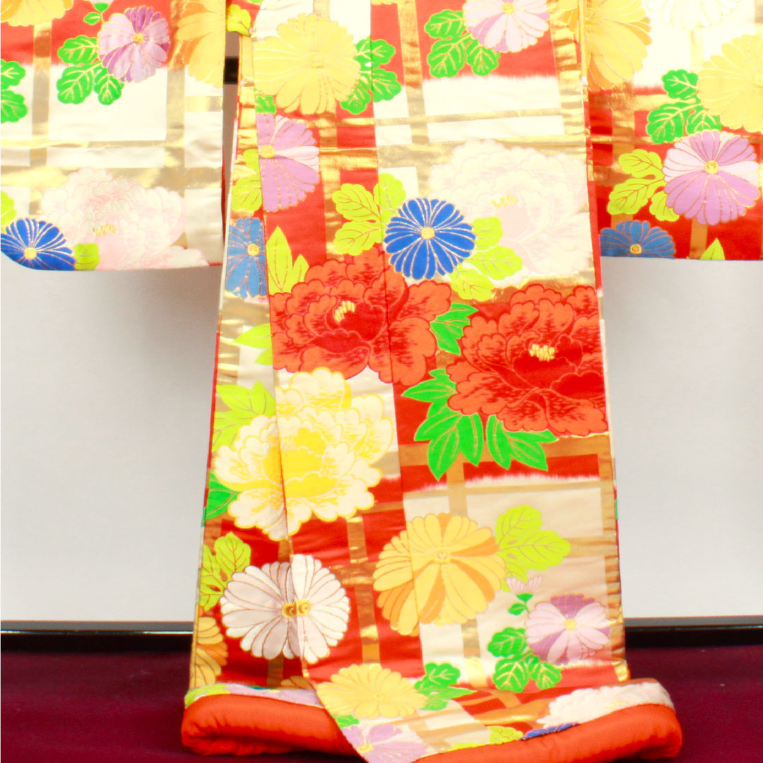 色打掛 身丈185cm  緋色 市松 花模様 正絹 Aランク 袷 朱系 1110000493916